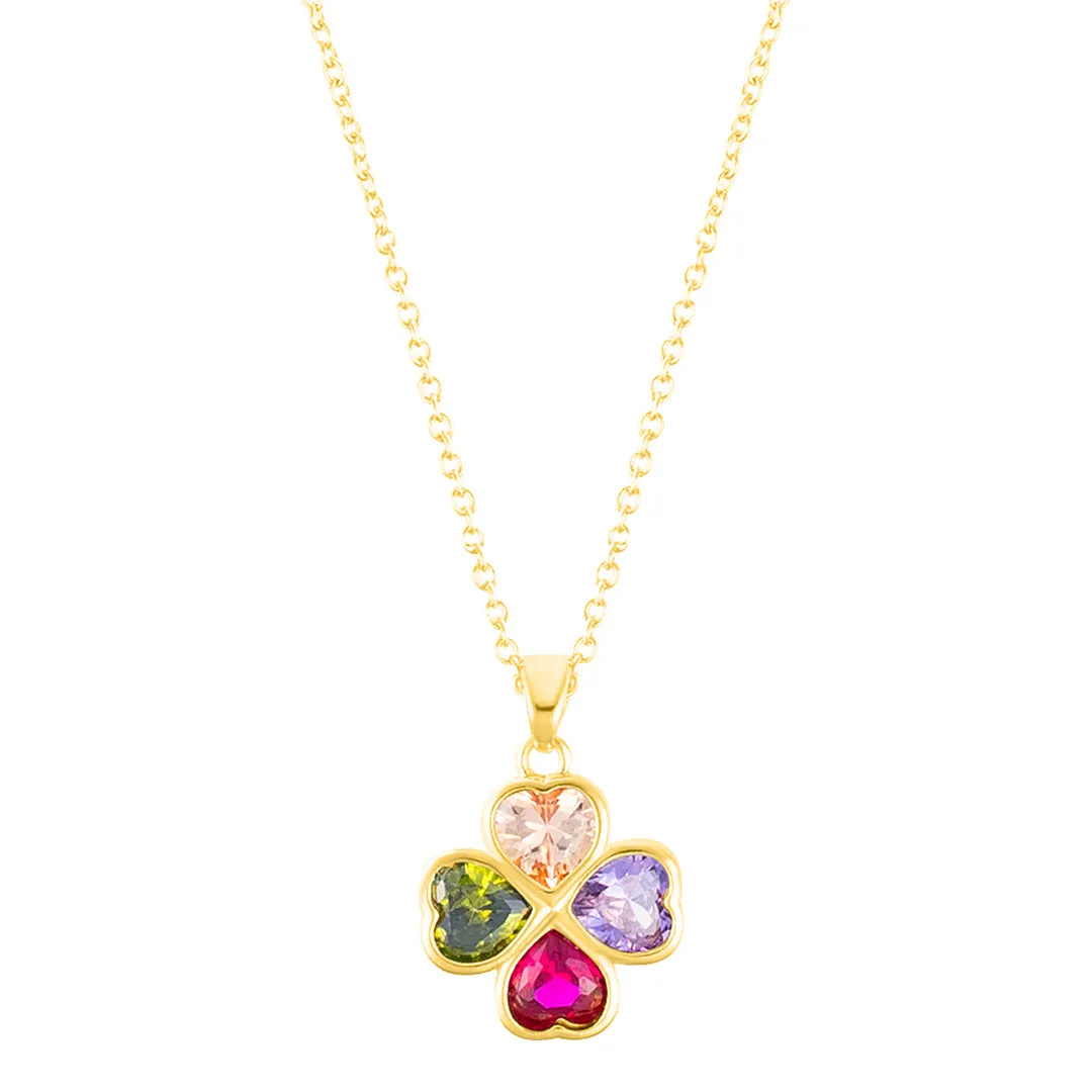 14k Gold Plated Adjustable Multicolor Crystal Heart Clover Necklace