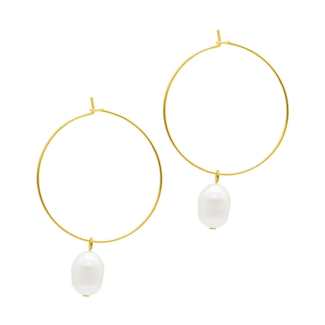 14k Gold Plated Freshwater Pearl Wire 1.5" Hoop Earrings