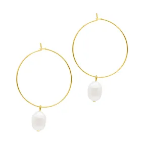 14k Gold Plated Freshwater Pearl Wire 1.5" Hoop Earrings