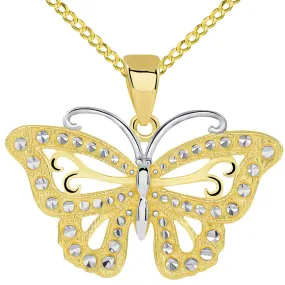 14k Solid Gold Budded Butterfly Pendant with Cuban Necklace - Yellow Gold