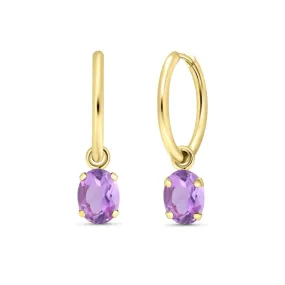 14K Yellow Gold Hoop Earrings with Oval Amethyst Stones