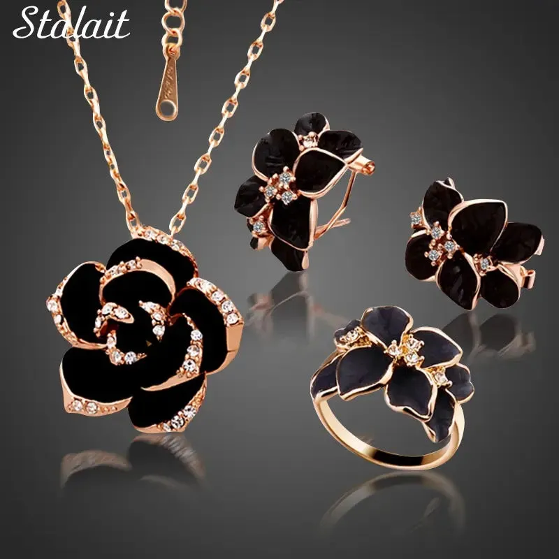 3 In One High Quality Gold Plated Earring Set Earrings Necklace Ring Clover Jewelry Set For Women