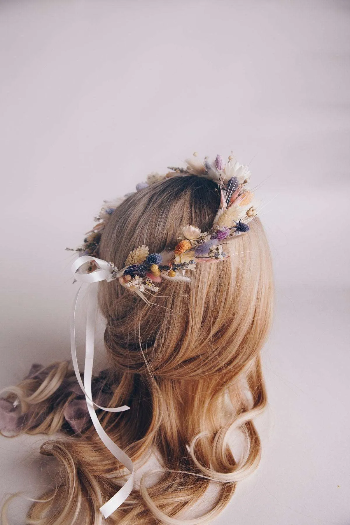 All Pastel Colors Wildflfower Boho Crown / Phalaris, Flax Seed and Bunny Tails Dried Flowers