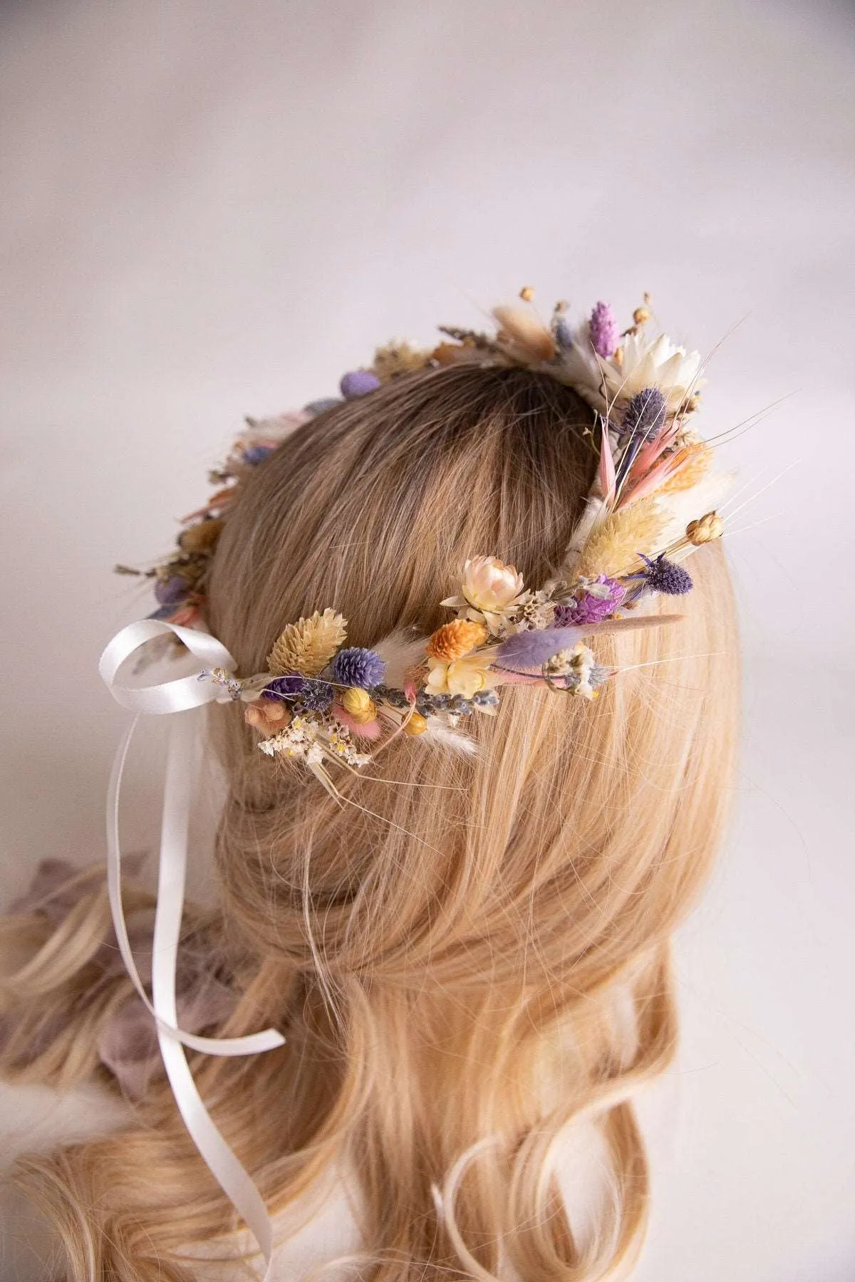 All Pastel Colors Wildflfower Boho Crown / Phalaris, Flax Seed and Bunny Tails Dried Flowers