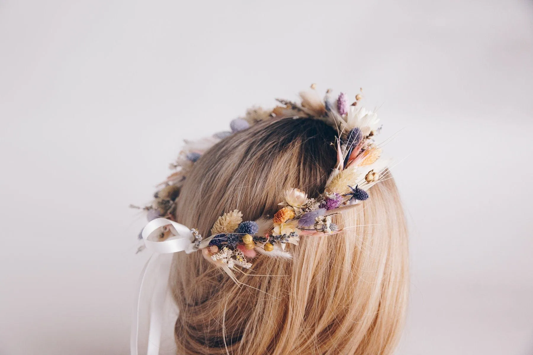 All Pastel Colors Wildflfower Boho Crown / Phalaris, Flax Seed and Bunny Tails Dried Flowers