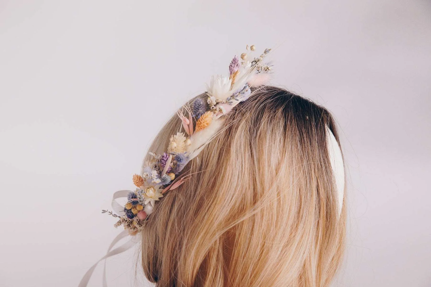 All Pastel Colors Wildflfower Boho Crown / Phalaris, Flax Seed and Bunny Tails Dried Flowers