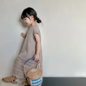 Brown Embroidered Maxi Knit Summer Dress for Girls