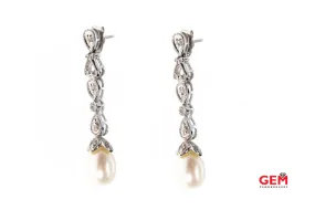 Floral Milgrain Accent Pearl & Diamond Drop 14K 585 White Gold Pair Earrings