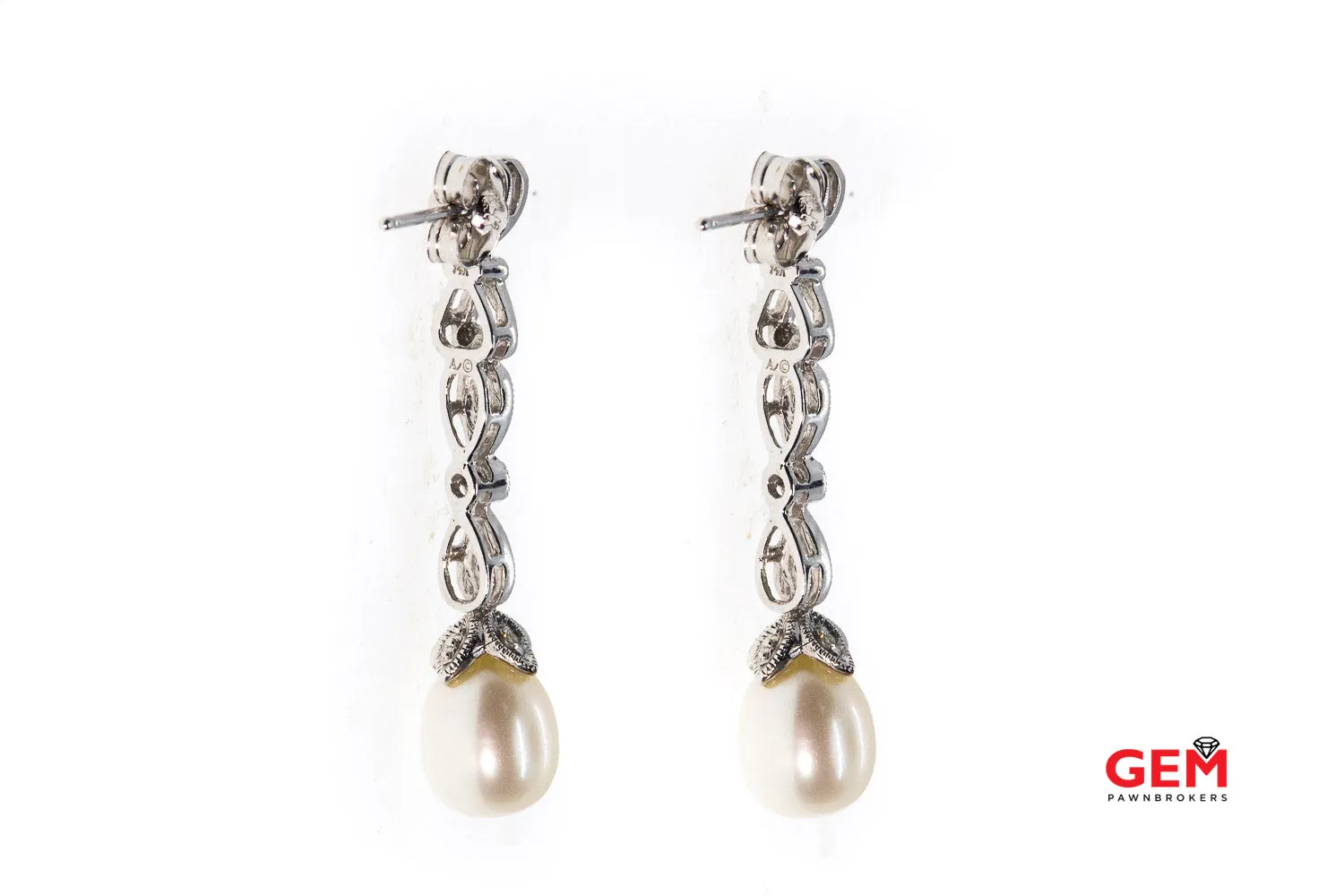 Floral Milgrain Accent Pearl & Diamond Drop 14K 585 White Gold Pair Earrings