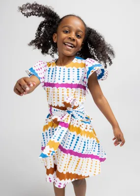 Kadija Girl's African Print Butterfly Sleeve Dress (White Nautical Adire)