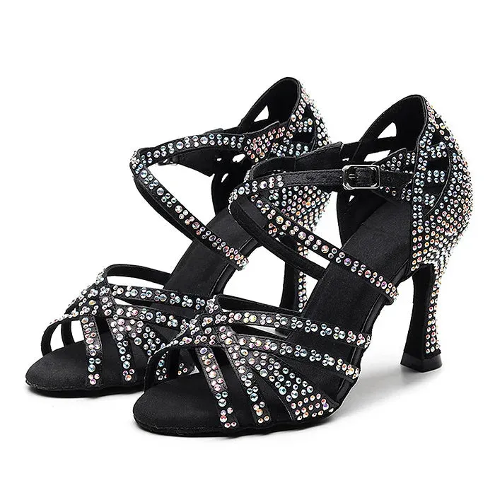 Latin Dance Shoes Women High Heels Diamond-encrusted Sandals Indoor Soft-soled Stage Game Party Social Ballroom Girl