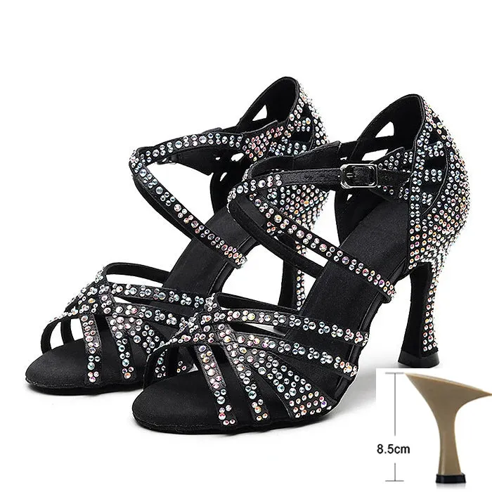 Latin Dance Shoes Women High Heels Diamond-encrusted Sandals Indoor Soft-soled Stage Game Party Social Ballroom Girl