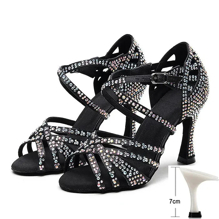 Latin Dance Shoes Women High Heels Diamond-encrusted Sandals Indoor Soft-soled Stage Game Party Social Ballroom Girl