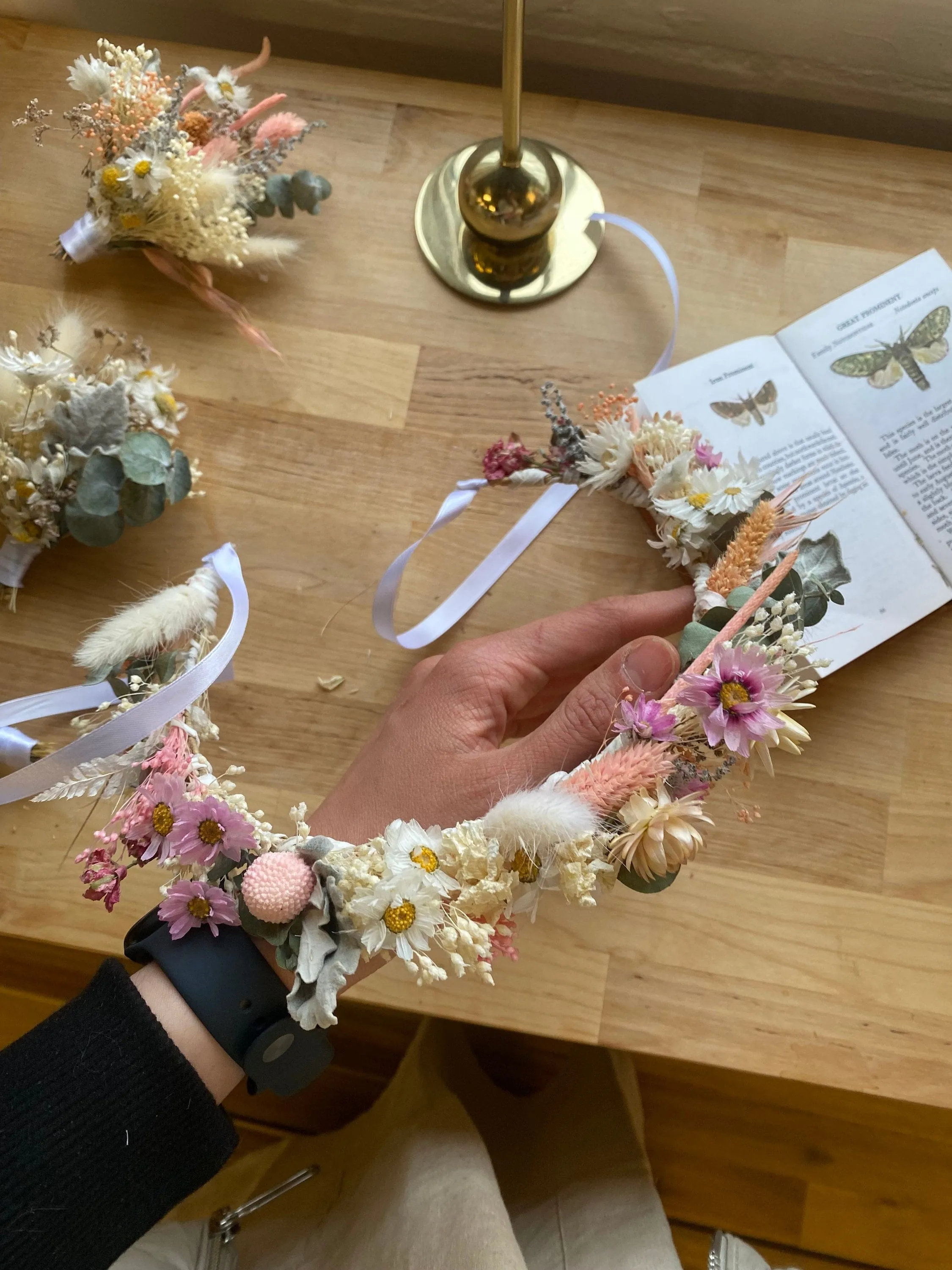 Pink Daisies All Dried Wildflower Bridal Wedding Crown / Boho Bride Wedding Flower Headband / Flower Wreath