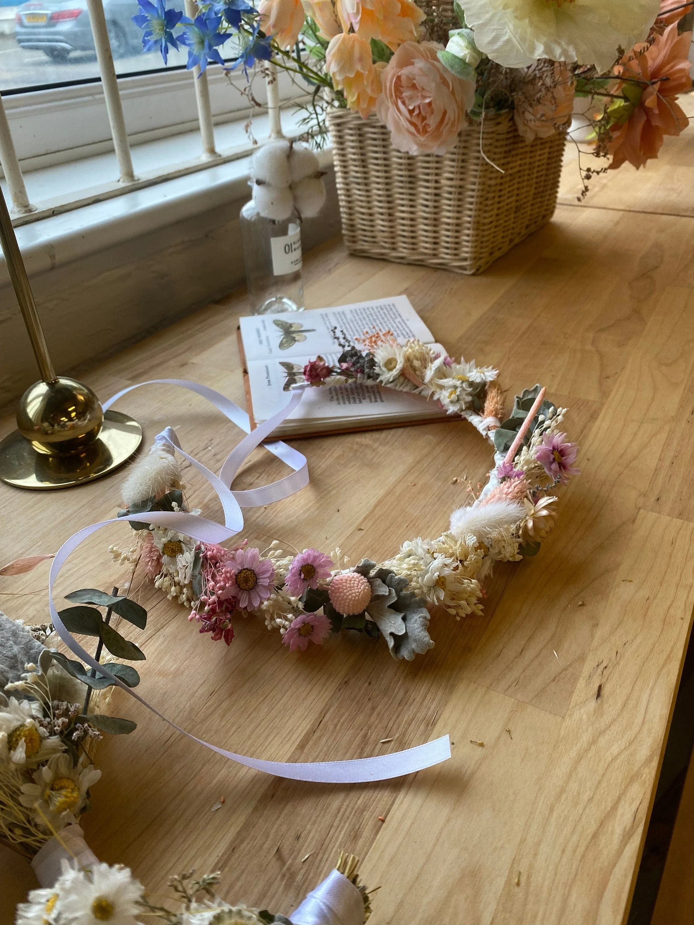 Pink Daisies All Dried Wildflower Bridal Wedding Crown / Boho Bride Wedding Flower Headband / Flower Wreath