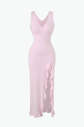 Pink V-neck Slit Maxi Dress