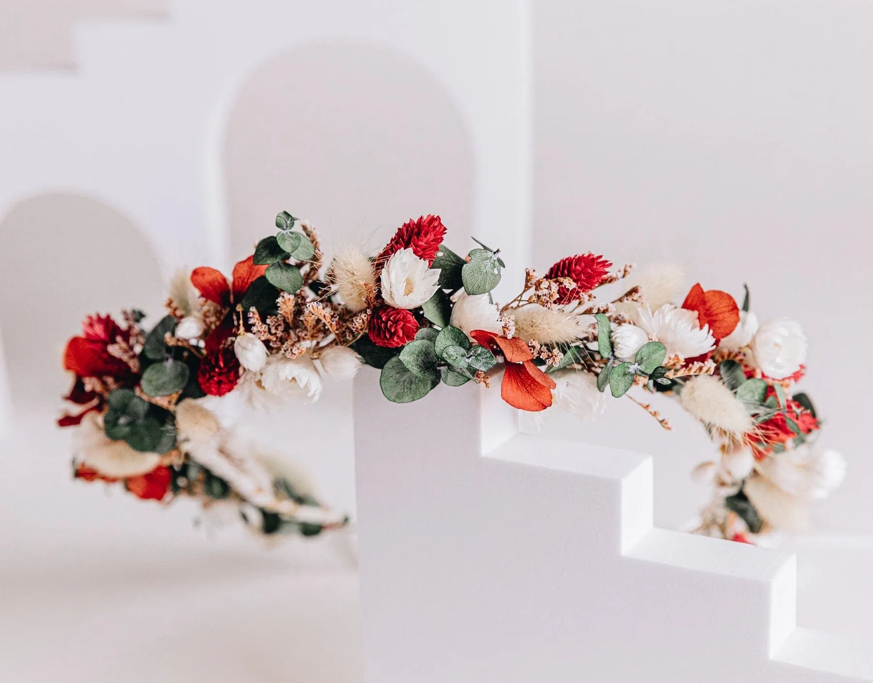 Red Canary Grass, Daisies and Preserved Eucalyptus Wildflfower Crown With Sea Lavender