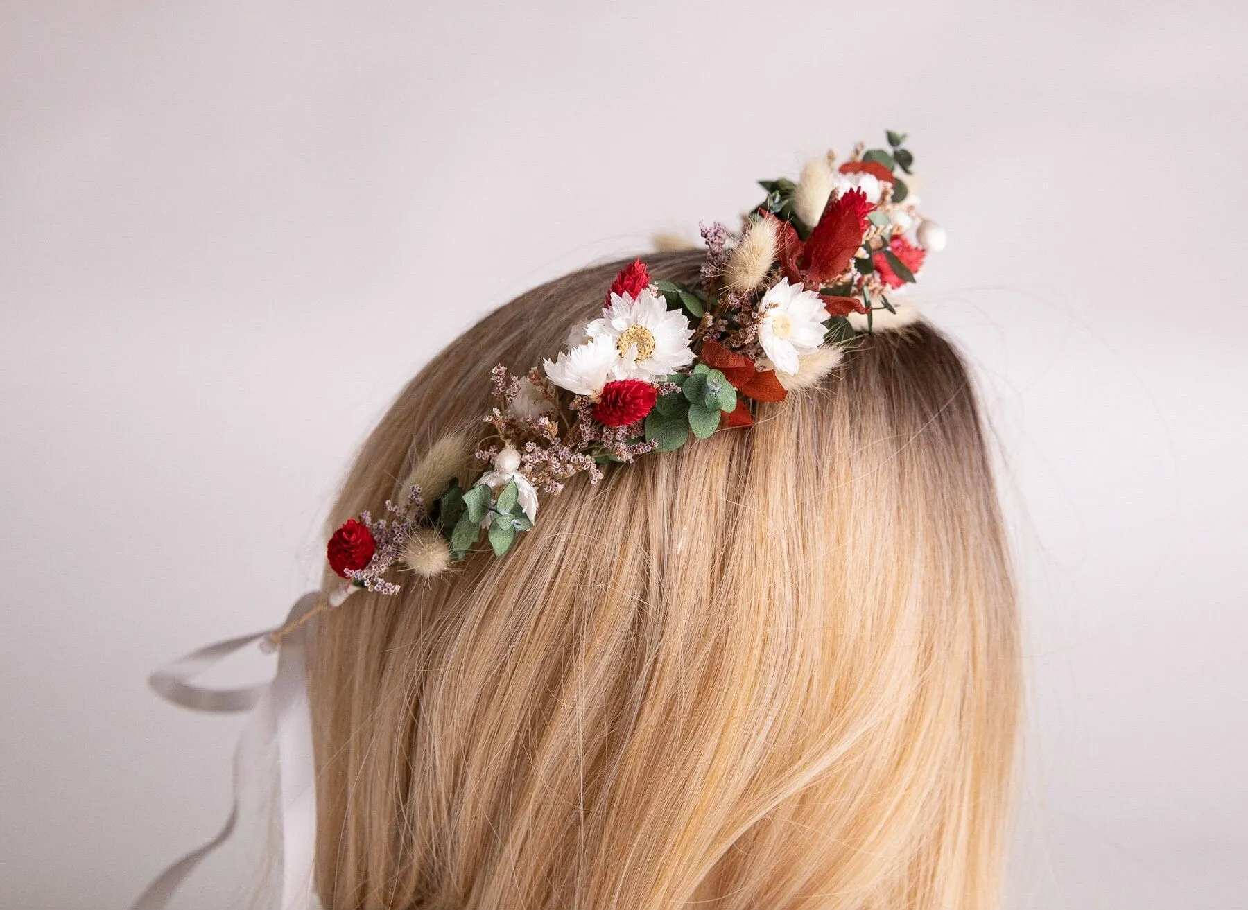 Red Canary Grass, Daisies and Preserved Eucalyptus Wildflfower Crown With Sea Lavender