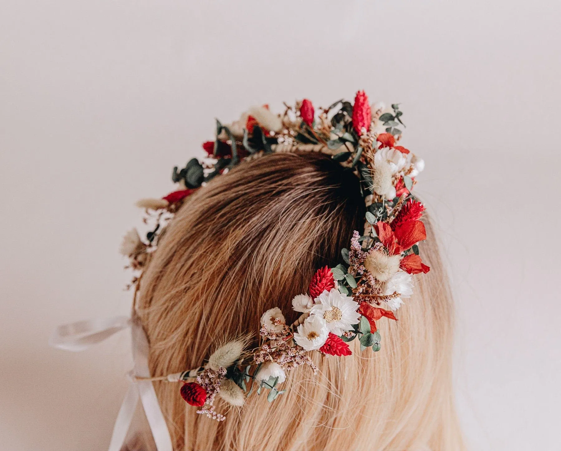 Red Canary Grass, Daisies and Preserved Eucalyptus Wildflfower Crown With Sea Lavender