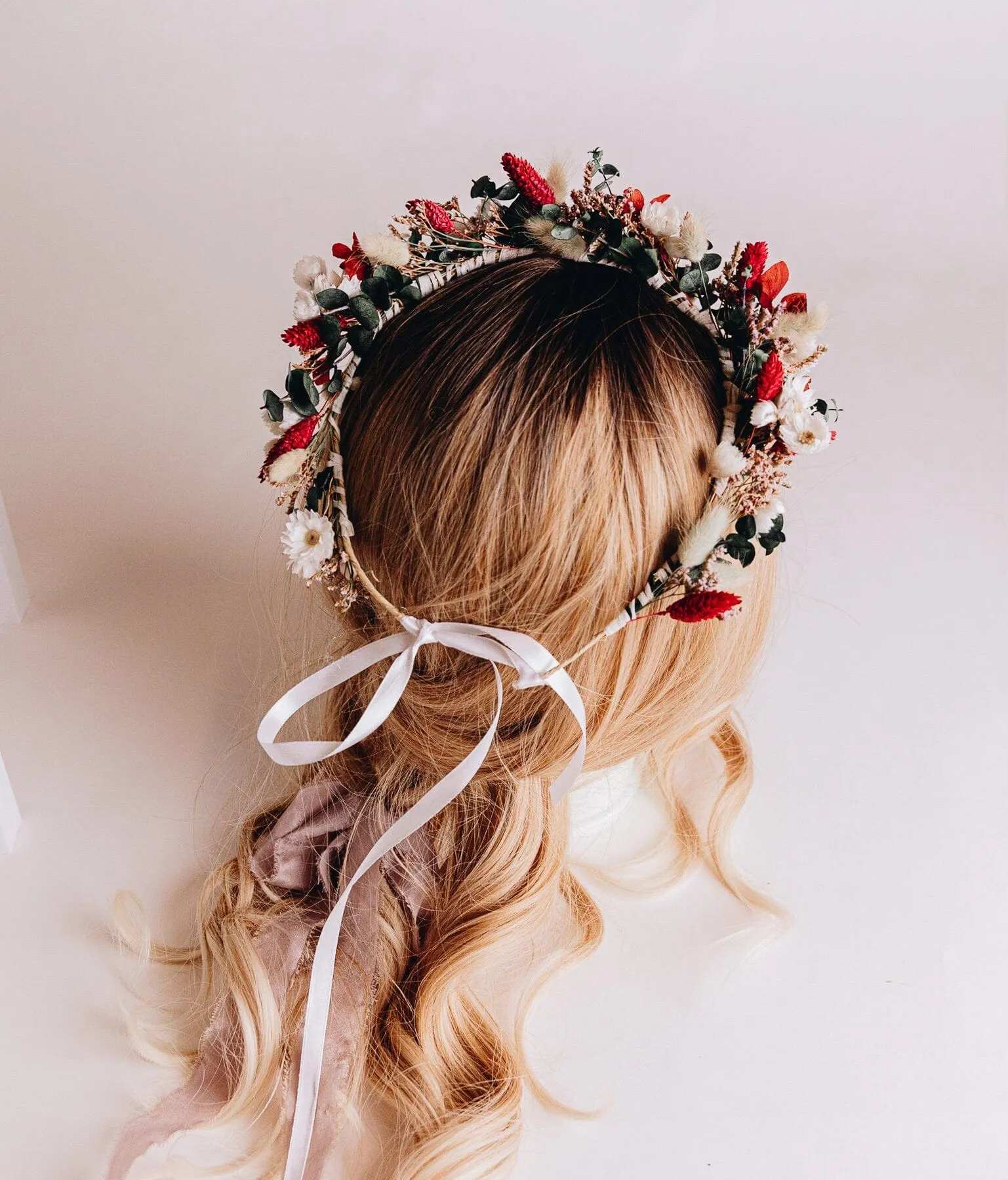 Red Canary Grass, Daisies and Preserved Eucalyptus Wildflfower Crown With Sea Lavender