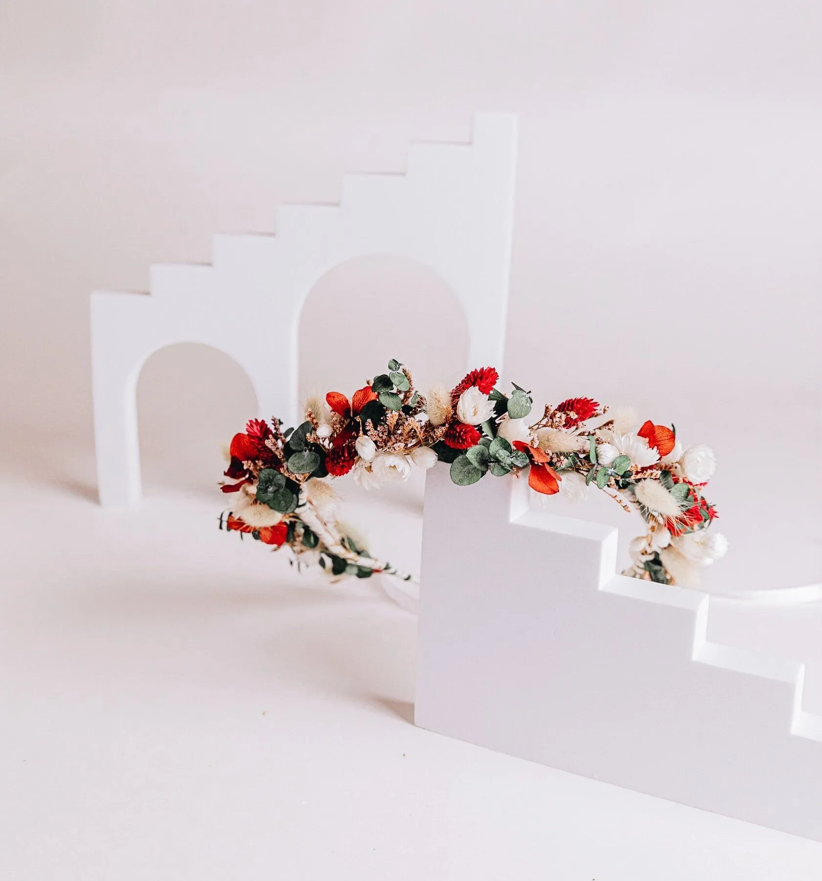 Red Canary Grass, Daisies and Preserved Eucalyptus Wildflfower Crown With Sea Lavender