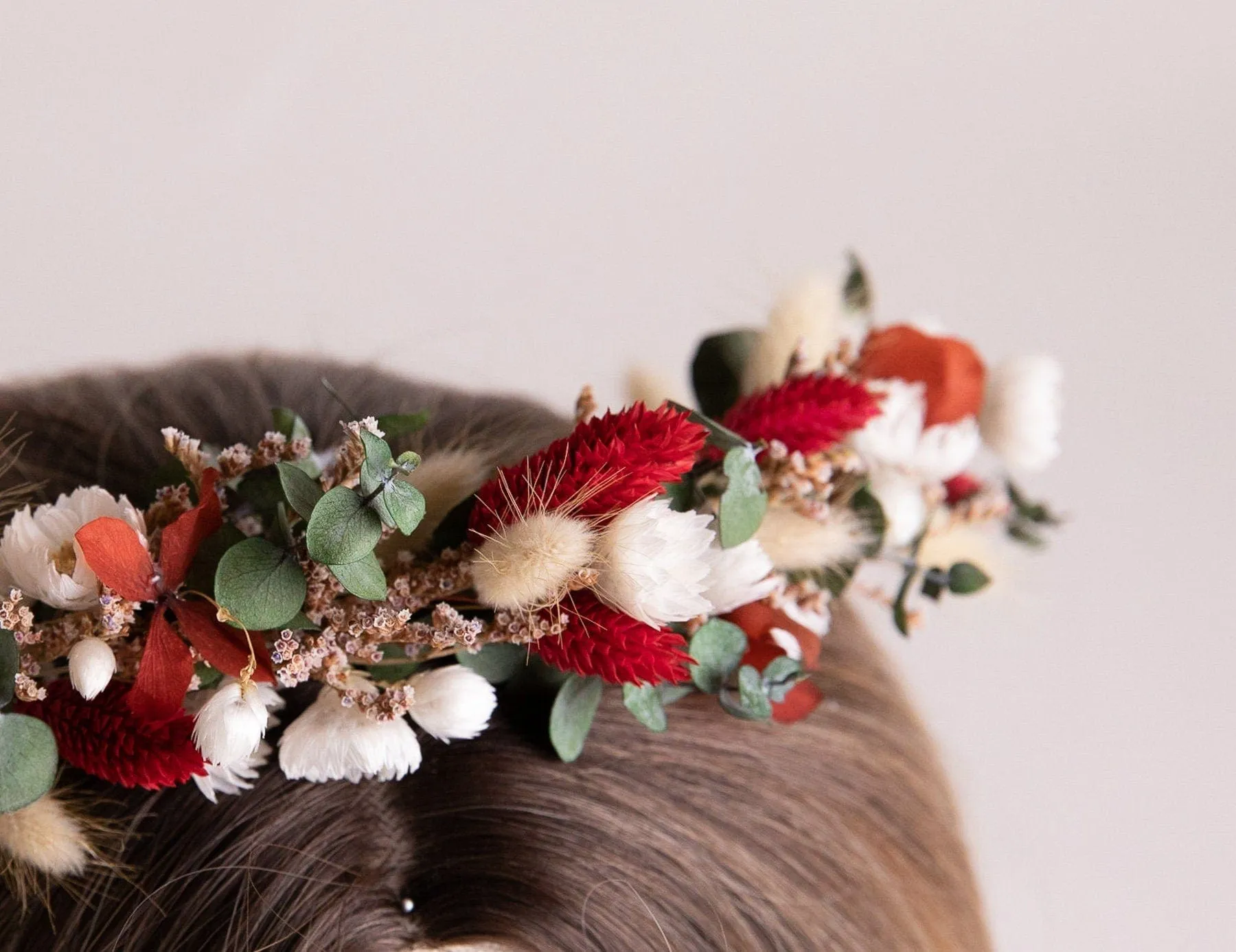 Red Canary Grass, Daisies and Preserved Eucalyptus Wildflfower Crown With Sea Lavender