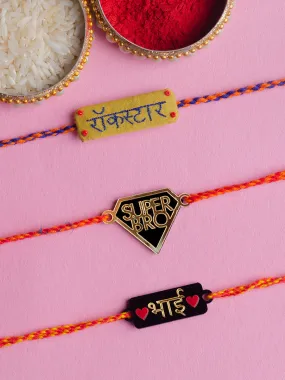 Rockstar   Super Bro   Bhai Heart Set of 3 Rakhis