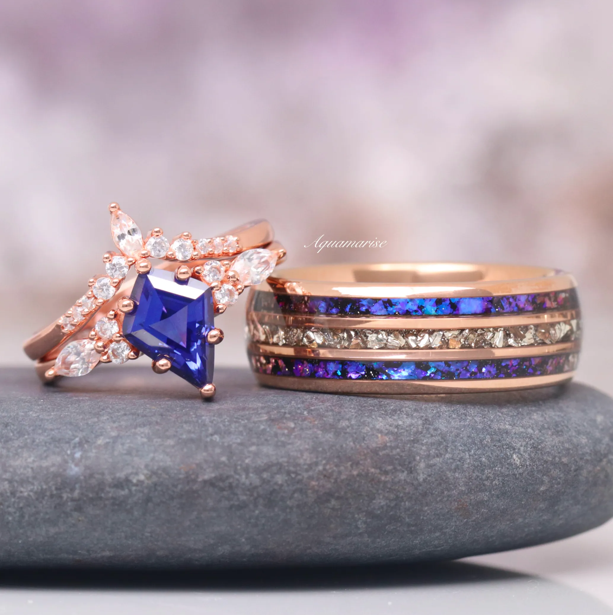 Skye Cornflower Sapphire Ring Set- 14K Rose Gold Vermeil