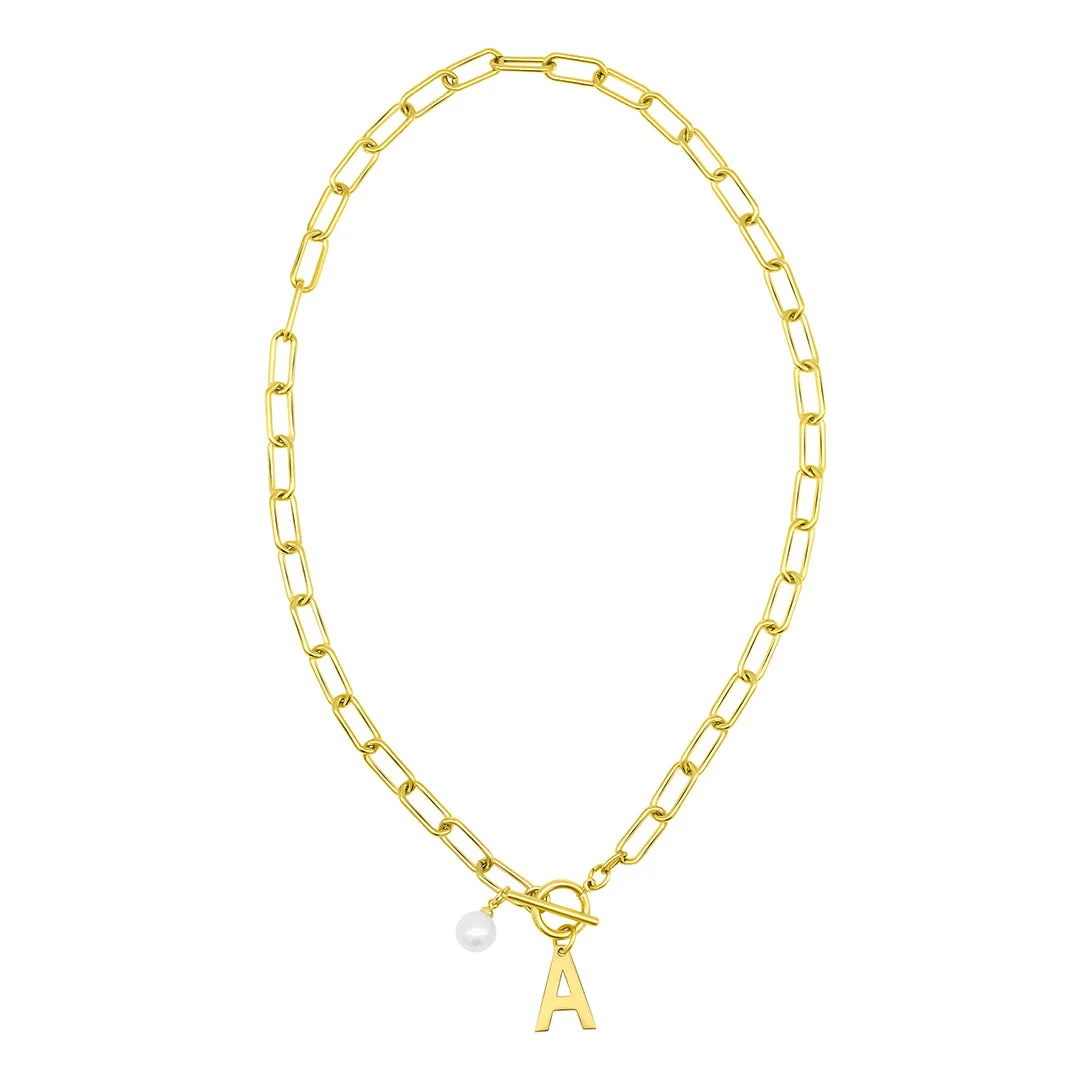 Tarnish Resistant 14k Gold Plated Freshwater Pearl Initial Toggle Necklace