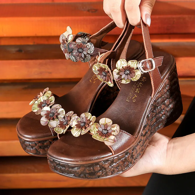 Women Retro Floral Leather Wedge Sandals