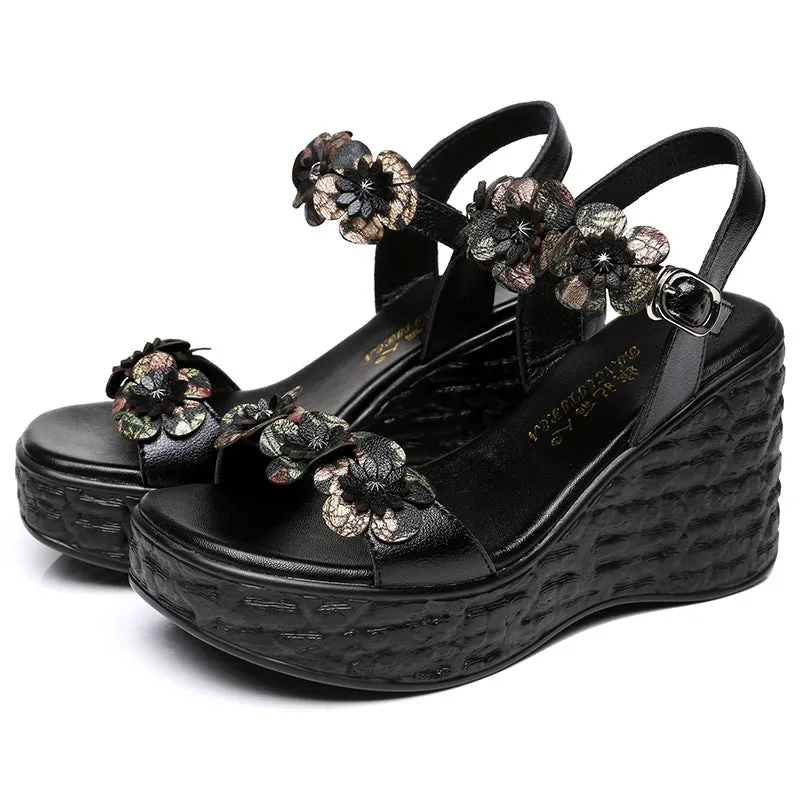 Women Retro Floral Leather Wedge Sandals