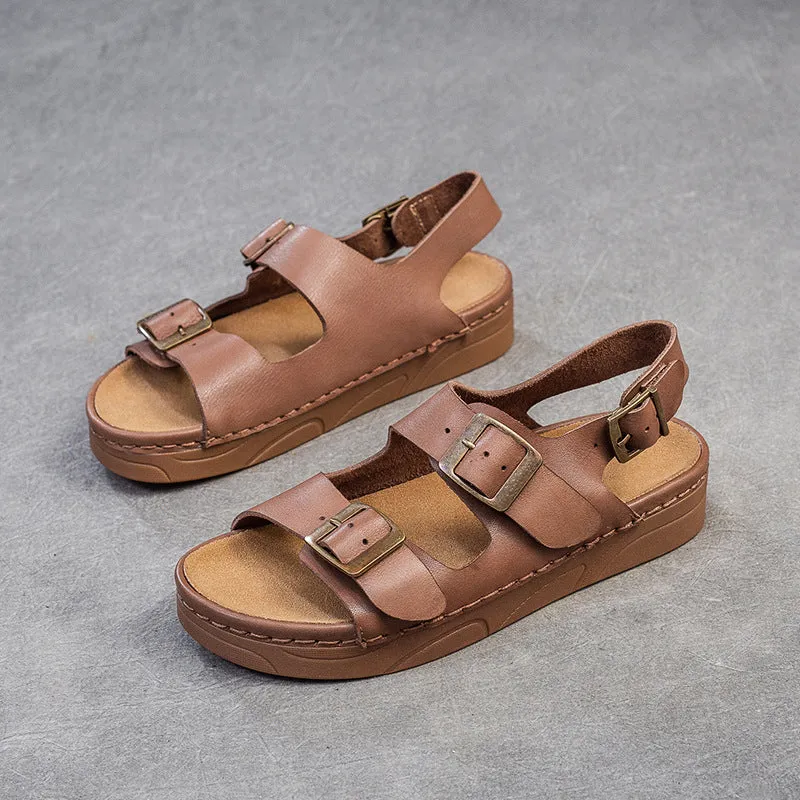 Women Retro Leather Flat Casual Buckle Sandals