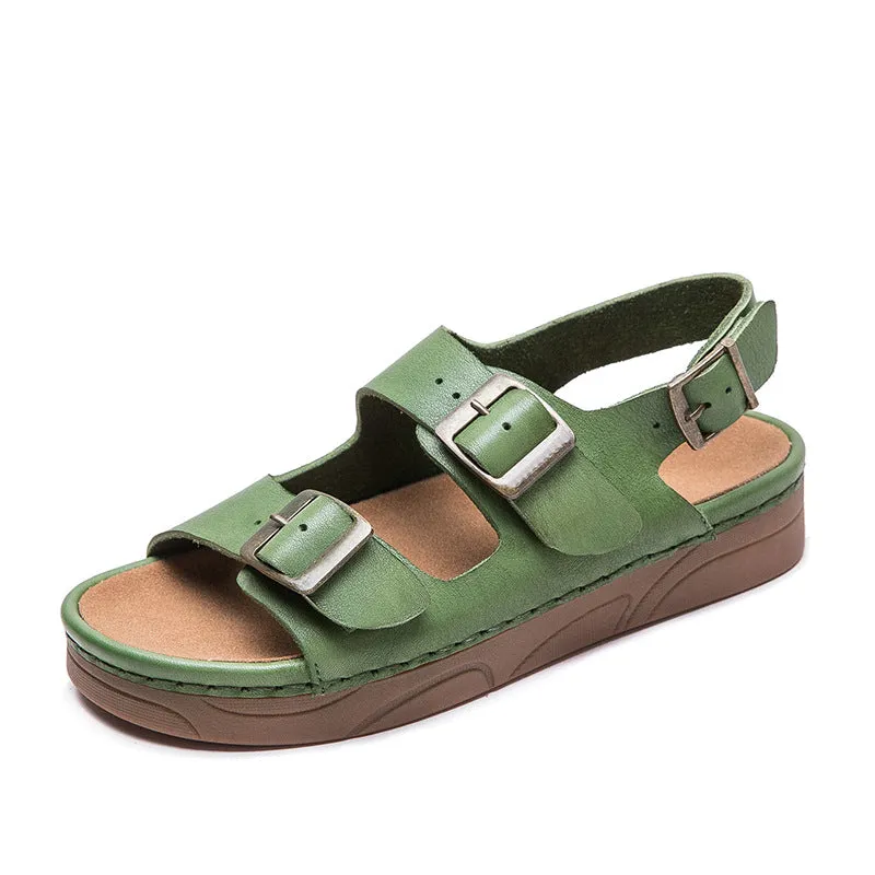 Women Retro Leather Flat Casual Buckle Sandals