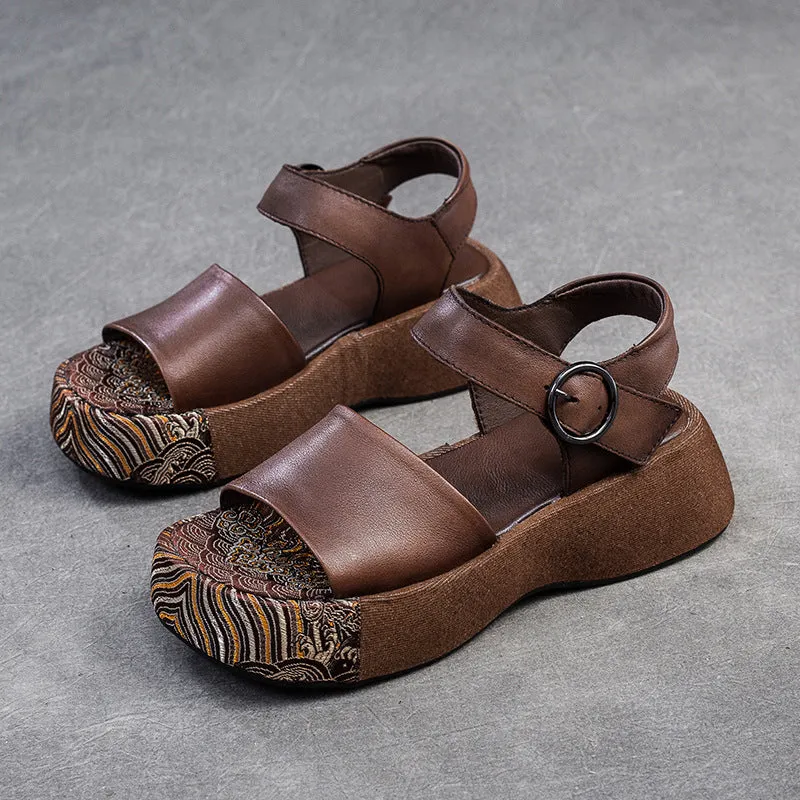 Women Retro Pattern Leather Thick Soled Casual Sandals