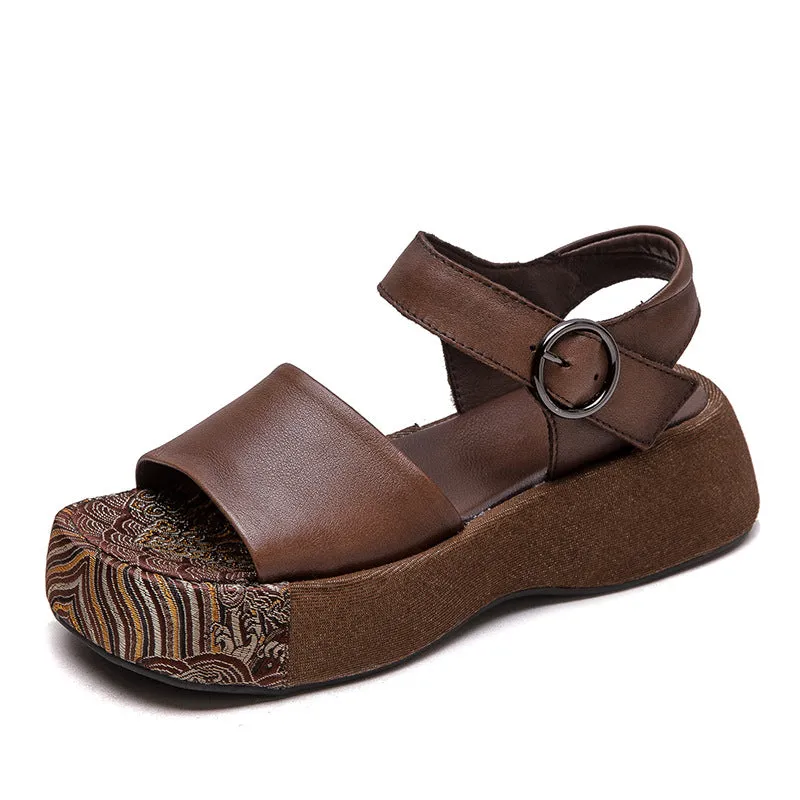 Women Retro Pattern Leather Thick Soled Casual Sandals