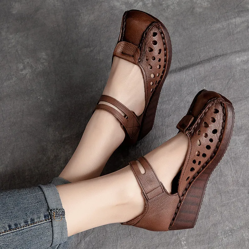 Women Summer Hollow Leather Wedge Casual Sandals