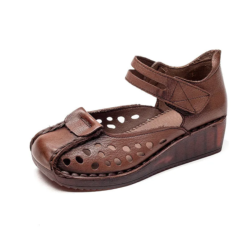 Women Summer Hollow Leather Wedge Casual Sandals