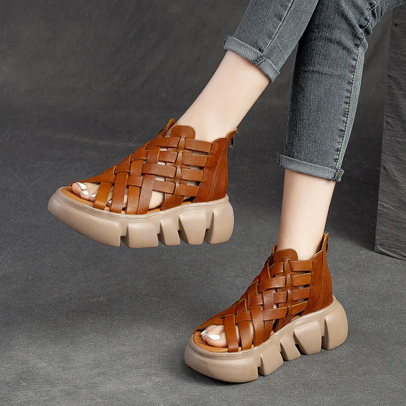 Women Summer Plaited Leather Retro Casual Sandals