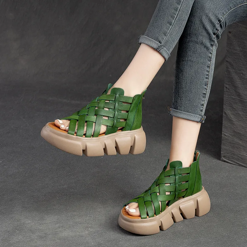 Women Summer Plaited Leather Retro Casual Sandals