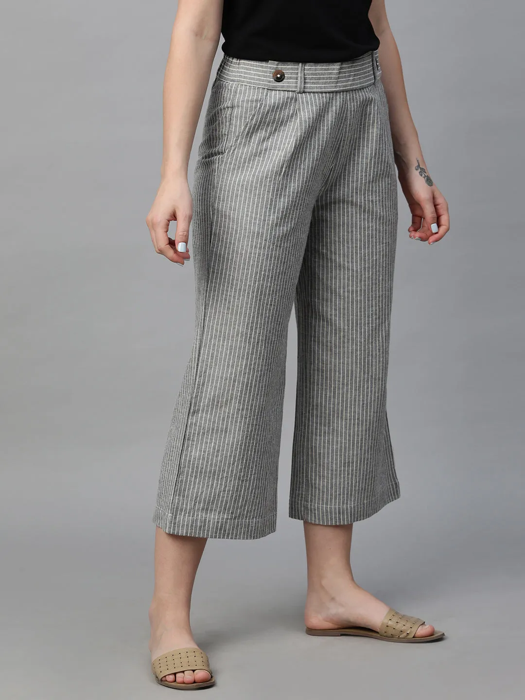 Women's Grey Cotton Linen Regular Fit Culotte